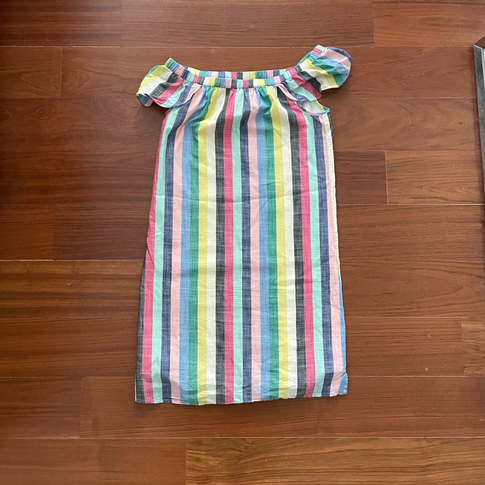 J.Crew Multi-color striped off the shoulder dress.